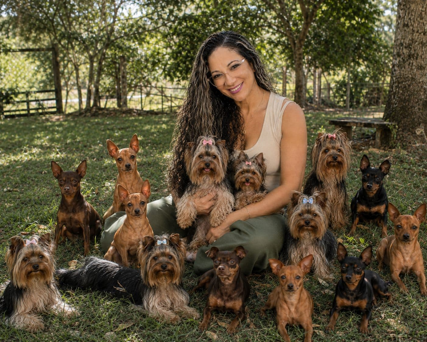 Janaina sentada na grama cercada pelos cães do Canil Du Filukas, adultos e filhotes
